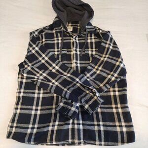 American Eagle Men's L Shacket Black & White Plaid Soft Hooded Fall Flannel